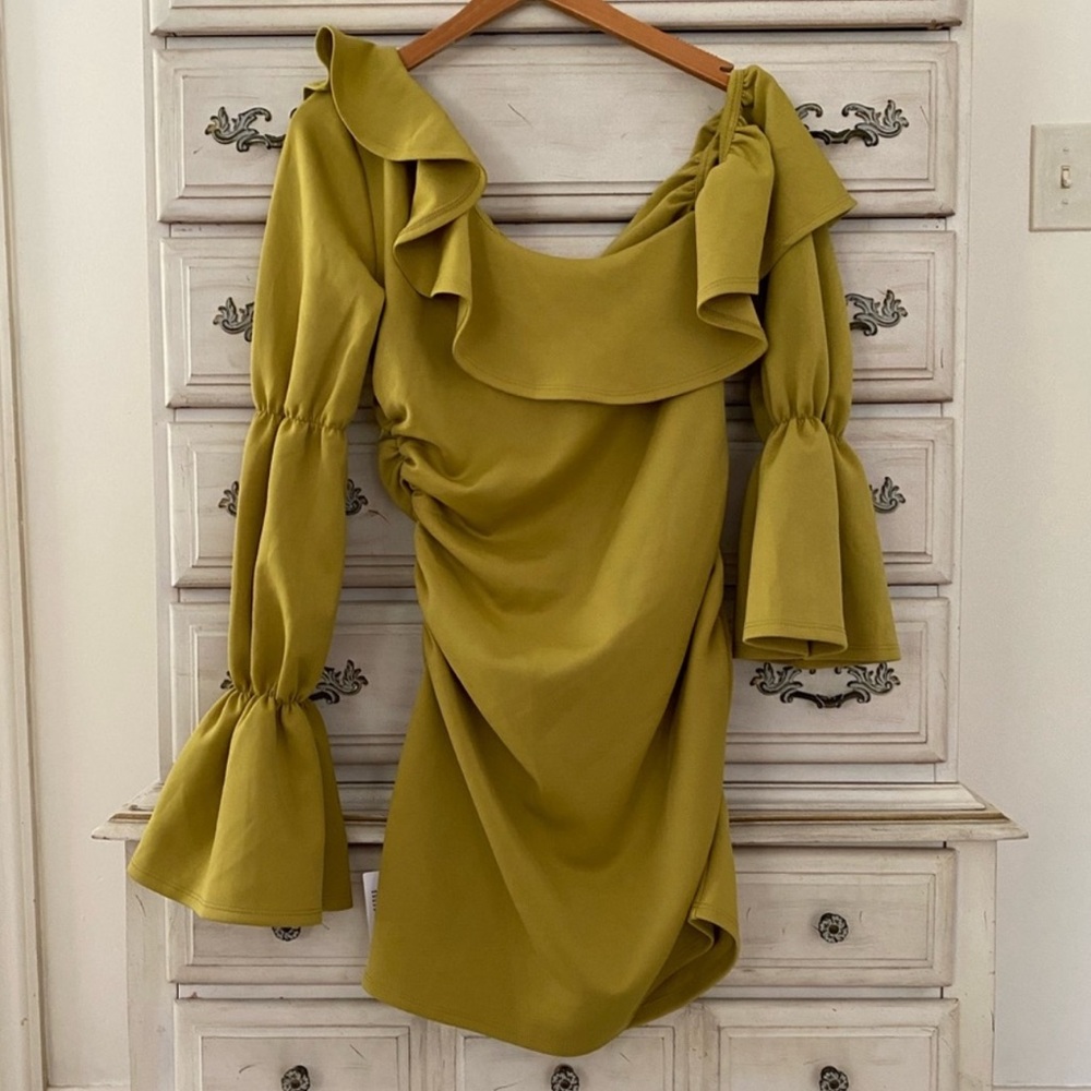 ASOS Chartreuse Ruffle Ruched Dress - Picture 4 of 8